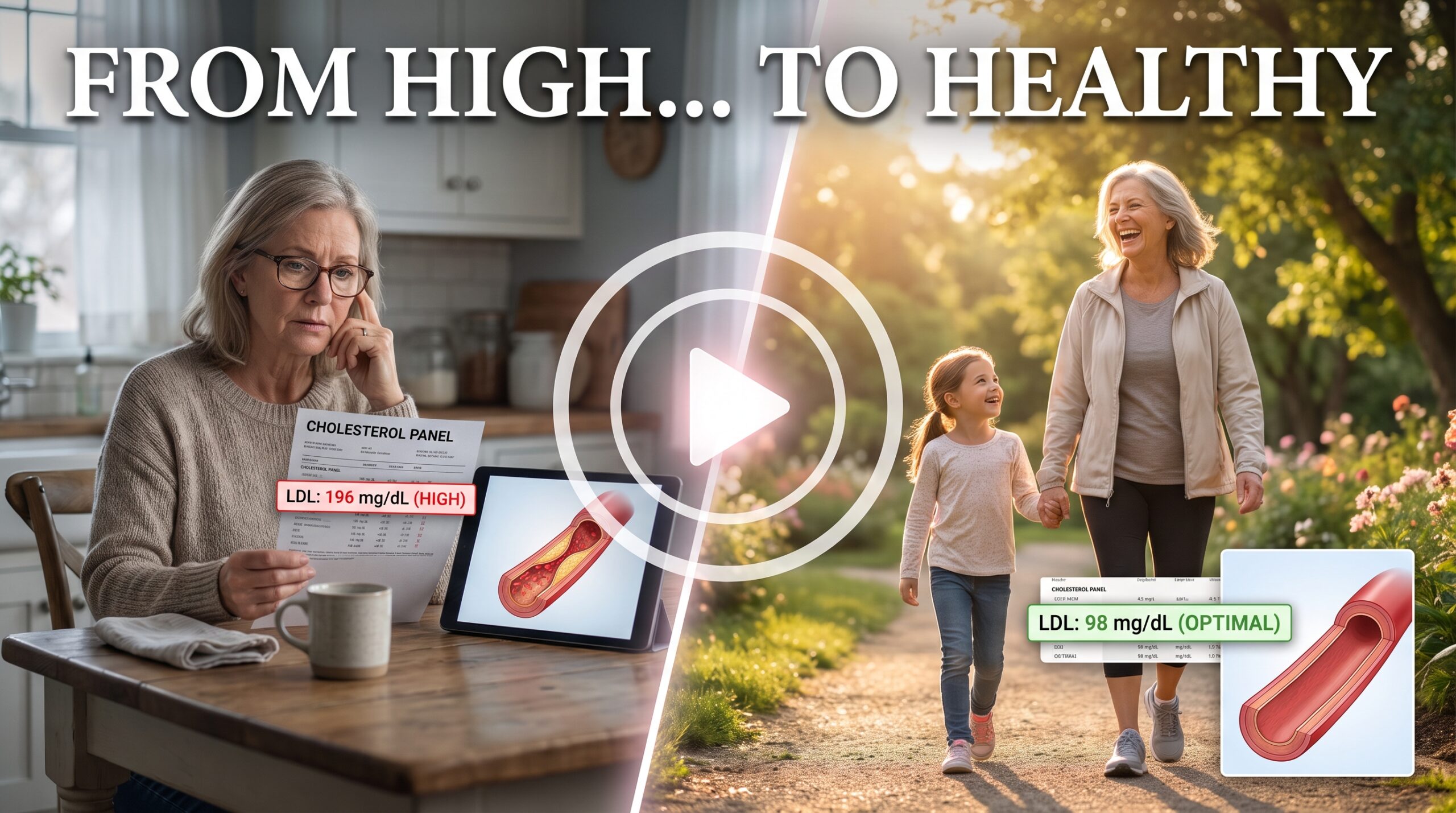 Woman reviewing a high cholesterol lab report before enjoying an active day with her granddaughter, illustrating hope for better heart health.