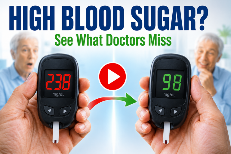 YouTube thumbnail showing a blood glucose meter changing from 238 mg/dL to 98 mg/dL, illustrating high blood sugar improvement in type 2 diabetes.